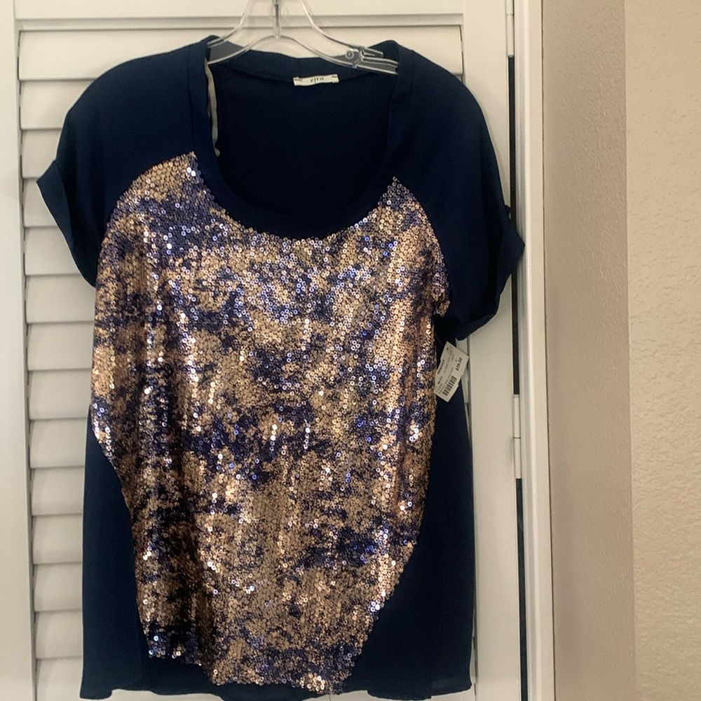 Navy top with gold sequins. Size large